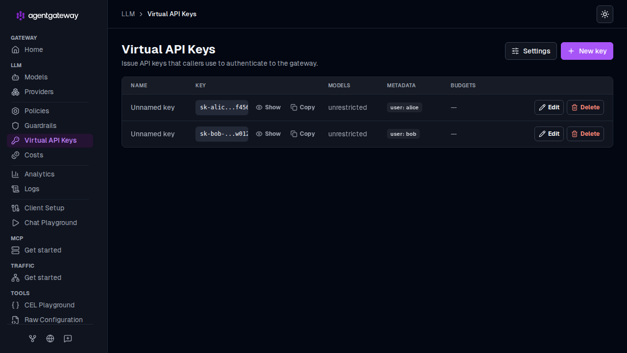 UI Virtual API Keys page listing configured keys and metadata
